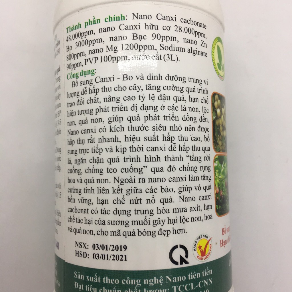 Dung dịch Nano Canxi Super dùng cho cây ăn trái 500ml chống sương muối, mưa axit, chống rụng hoa trái non, nano bạc