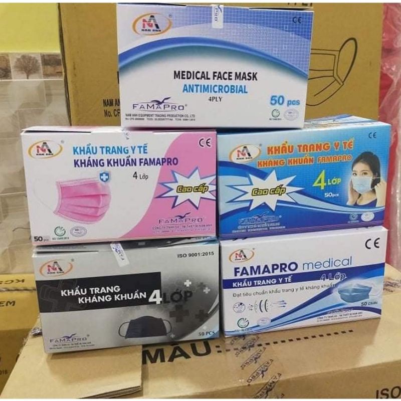 Chính Hãng- Khẩu trang y tế màu đen NAM ANH FAMAPRO 4 lớp giấy kháng khuẩn hộp 50 cái
