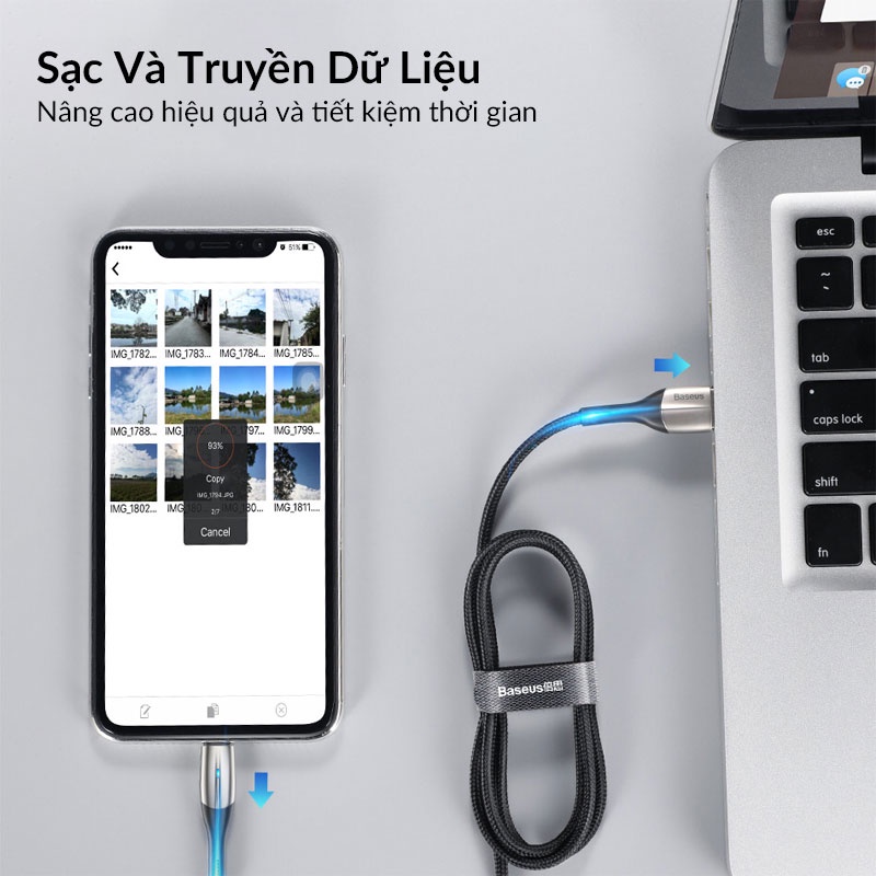 Cáp Sạc Nhanh Có Đèn Led BASEUS Horizontal 2.4A Dây Bện Nylon Độ Dài 1m/2m Cho iPhone 6 6s 7 Plus 8 Plus Xs Max Xr