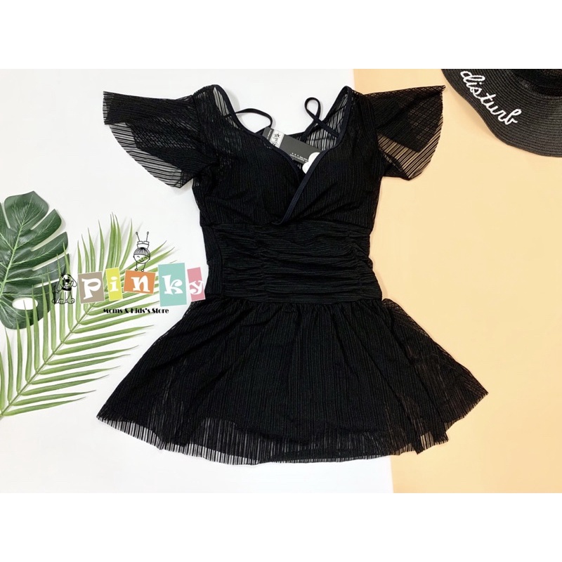 Đồ bơi nữ dáng đầm, bikini quần váy liền thân màu đen, áo tắm 1 mảnh phối lớp ren cao cấp, giấu bụng khi mặc