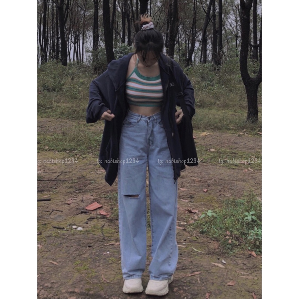 Quần Ống Rộng Suông Nữ Lưng Cao Vải Jeans Rách Gối Mã 3047 + 5068 - Nabishop1234 (ẢNH THẬT KÈM VIDEO)