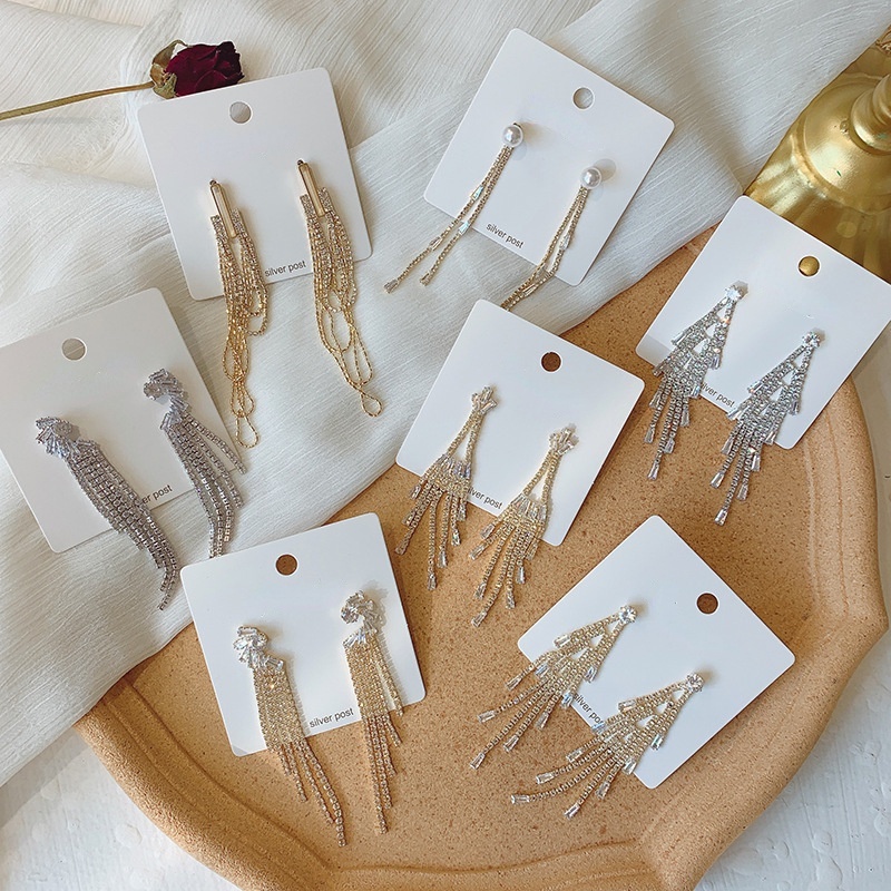 Bông Tai Mạ Bạc 925 Dáng Dài Đính Đá Sang Trọng Thời Trang Phong Cách Hàn Quốc