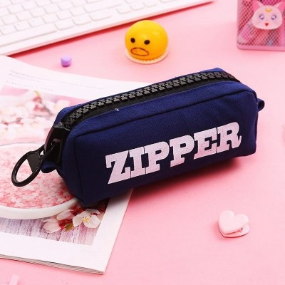 T170 Túi đựng bút , đựng mỹ phẩm cỡ lớn chất liệu canvas siêu bền, màu xanh navy in chữ zipper độc đáo cá tính