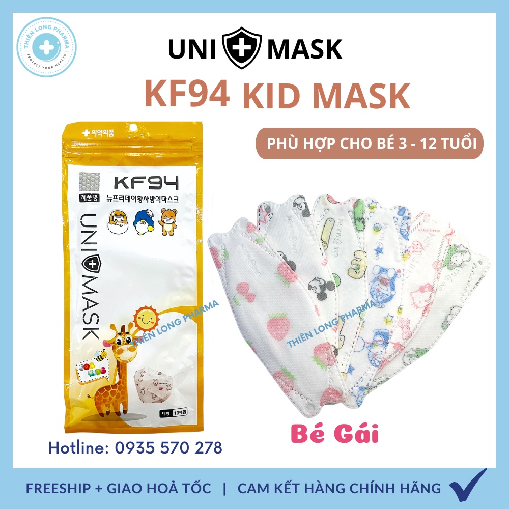 Khẩu Trang Trẻ Em UNIMASK [Túi 10 cái], khẩu trang 4D KF94 chính hãng trắng kèm hoạ tiết