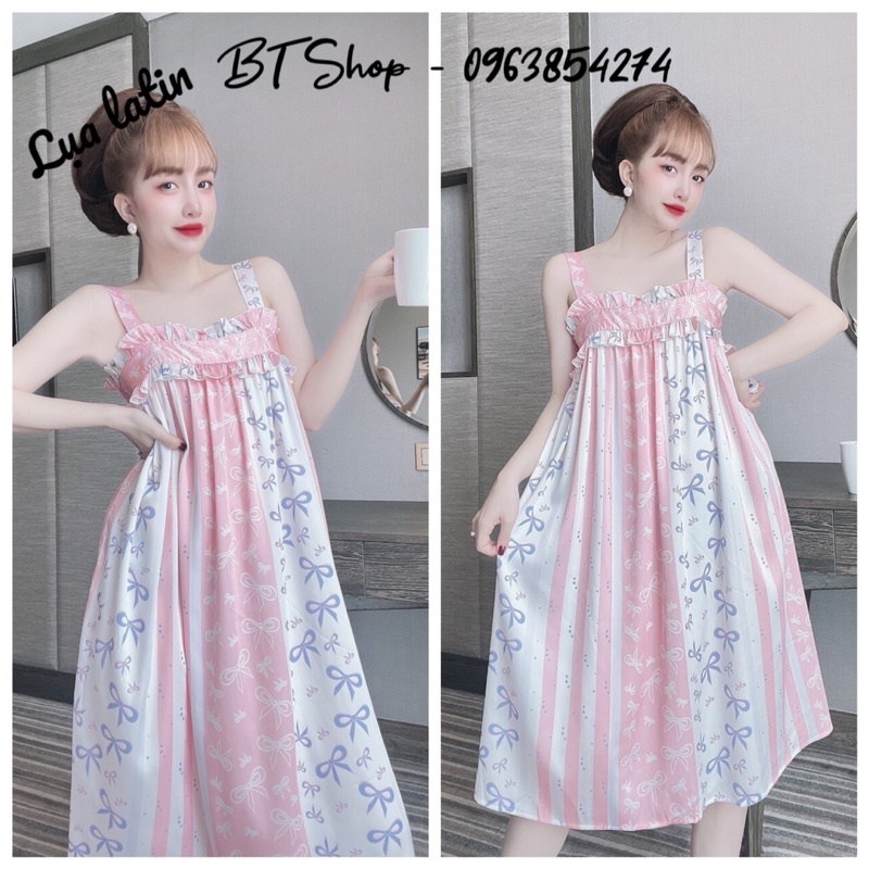 Váy đầm ngủ mặc nhà lụa latin hoạ tiết 2 dây fresize 42-57kg
