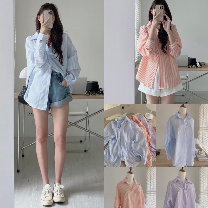 [Ảnh thật/Video]Áo sơ mi kẻ emma dài tay Hàn Quốc Áo xốp hàng Quảng Châu