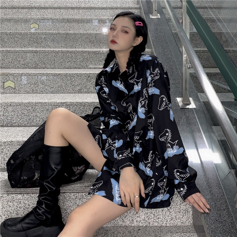 Women's Retro Print Korean Top Fashion Loose Dinosaur Long Sleeve Shirt | BigBuy360 - bigbuy360.vn