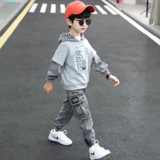 Quần áo bé trai  Bộ nỉ da cá phối quần bò 11-20kg cho bé trai cool ngầu xả kho giá sỉ