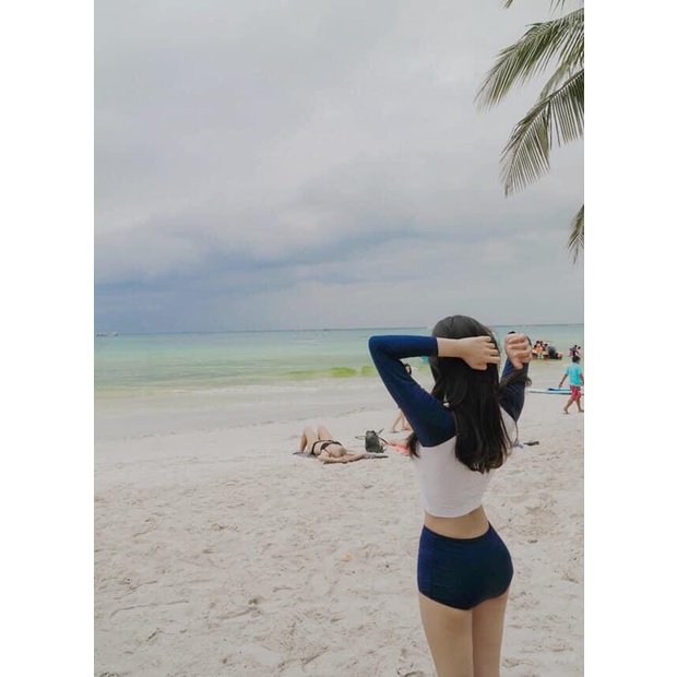 Bikini, Bộ Đồ bơi nữ áo tắm hai mảnh dài tay đi biển chất thun lạnh hàn quốc kín đáo che bụng quảng châu