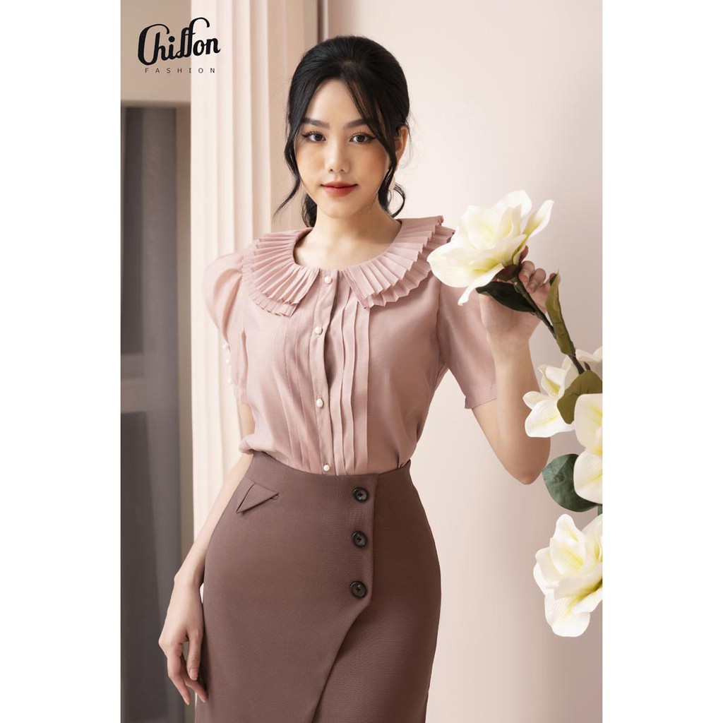 <Áo xinh Chiffon>_Áo sơ mi công sở cổ ly tay bồng sang chảnh, phần thân có lót, thiết kế mới dễ phối đồ