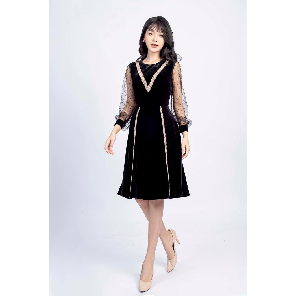 Đầm xòe cổ tròn, tay dài phối lưới MMOutfit M-DA060921304