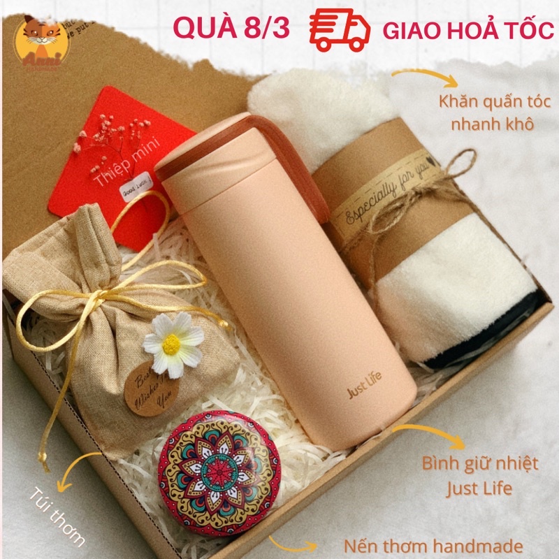 Cute Gift Box - bộ quà tặng 6 món với bình giữ nhiệt, khăn quấn tóc nhanh khô, túi nụ thơm, nến thơm handmade