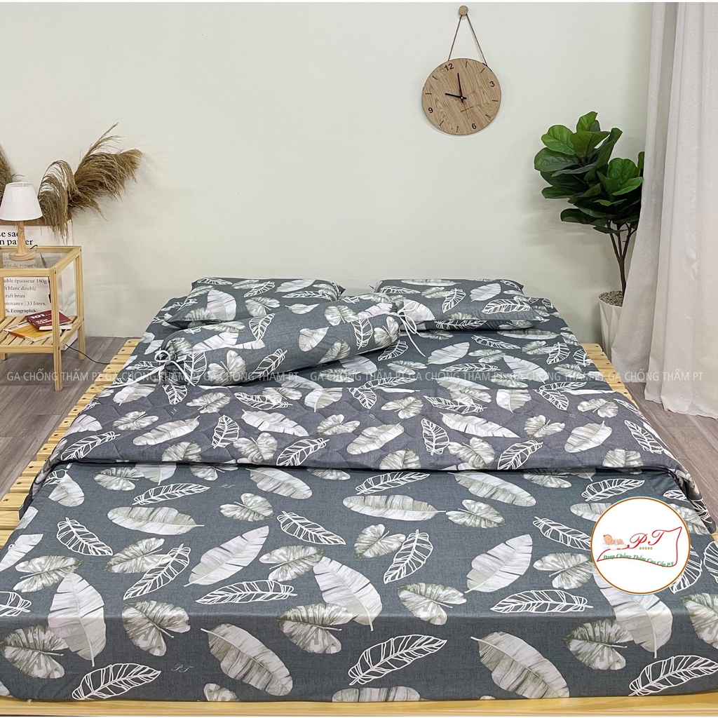 Bộ ga chống thấm cotton cho bé, drap chống thấm nước cao cấp kèm vỏ gối đầu và vỏ gối ôm mềm mịn mát (mẫu lá môn)