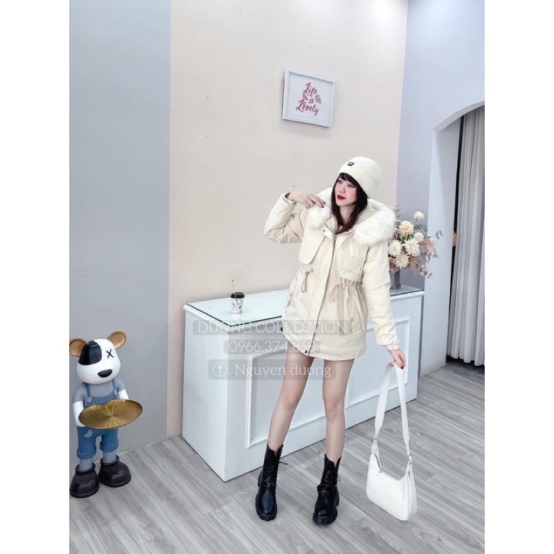 Áo Parka nữ có lớp lót lông giữ nhiệt chất liệu phao Kaki có mũ lông, phong cách Hàn Quốc- Áo khoác đại hàn mặc cực ấm