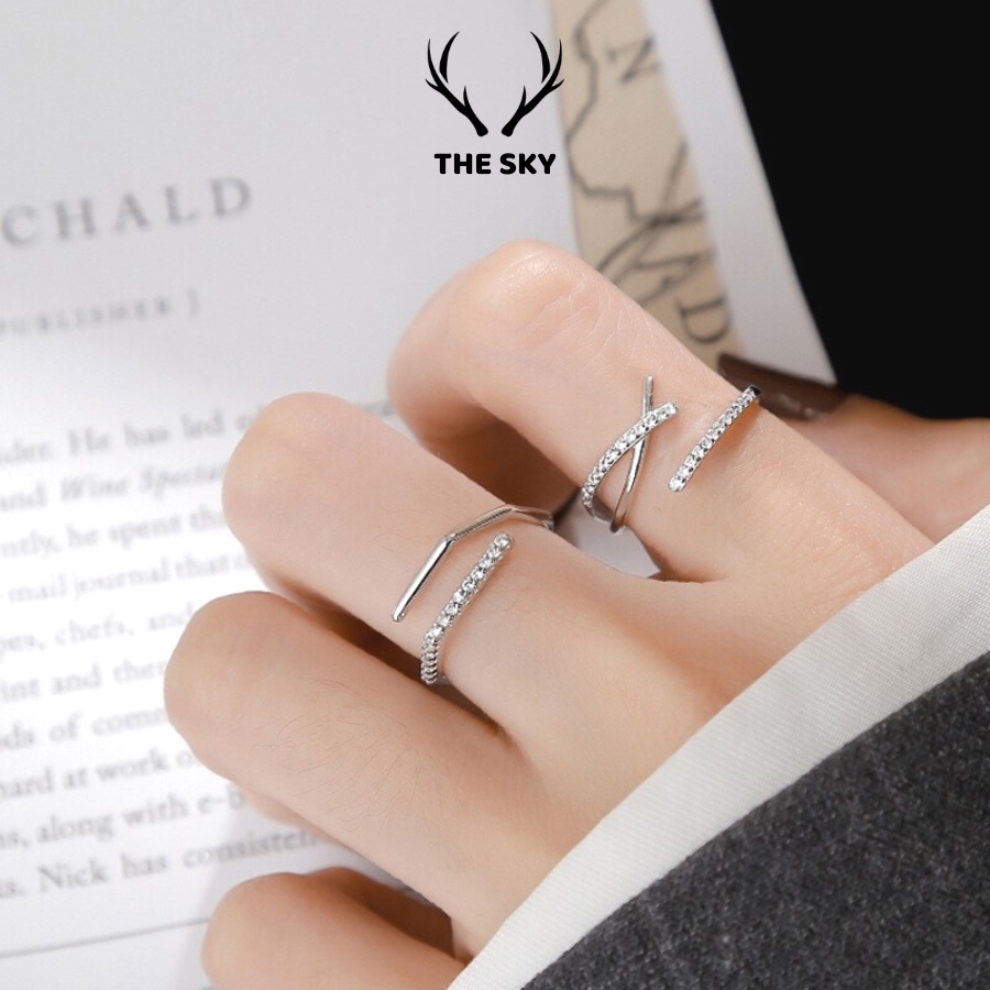 Nhẫn Bạc Nữ THE SKY NB06 Hình Lục Giác Mặt Đính Một Hàng Đá Sáng Lấp Lánh