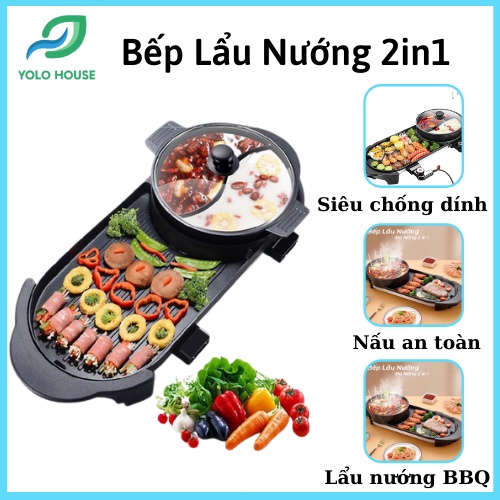 Bếp lẩu nướng 2in1, Nồi Lẩu Nướng BBQ Hàn Quốc, Bếp lẩu nướng điện đa năng không khói tiện dụng