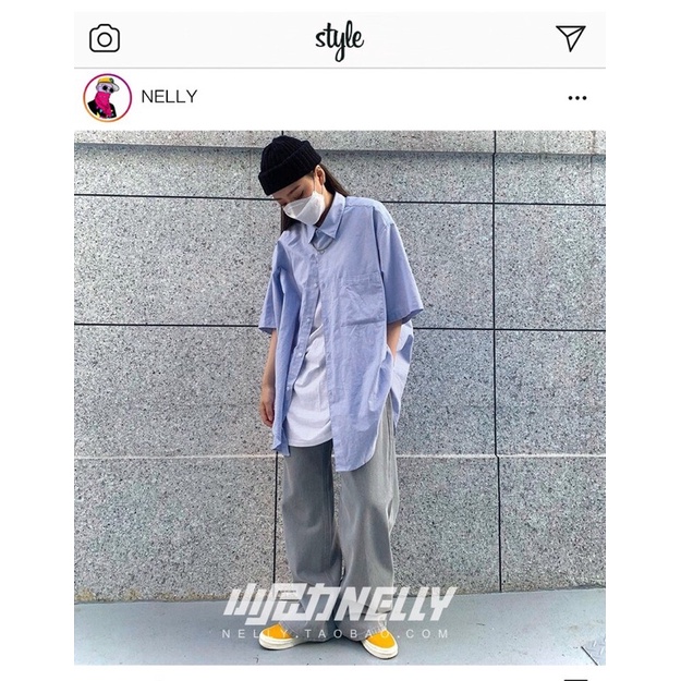 Áo sơ mi nelly sale (có sẵn) xanh biển cúc trắng túi trái trơn