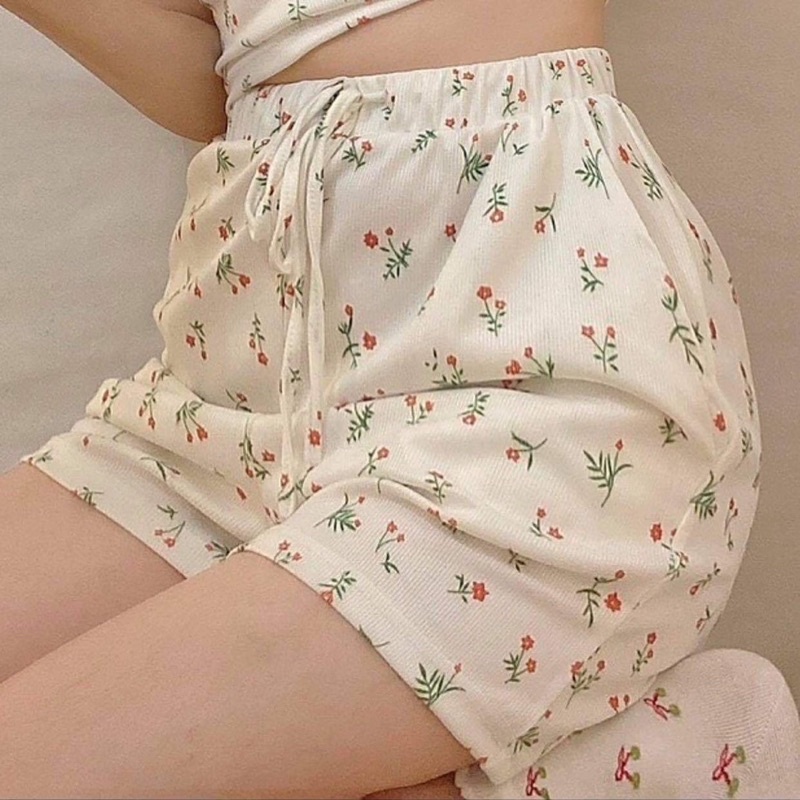 Set Hoa nhí Cỏ Xanh Nữ [FREESHIP] 🌸 Bộ áo 2 dây thun tăm vintage mặc ở nhà kiểu dáng ôm body 🌸