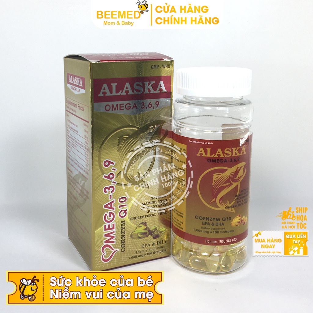 Dầu cá Alaska Hộp 100v bổ sung Omega 3 6 9, DHA EPA, có thêm dầu hoa anh thảo và coenzym q10, bổ mắt và tim mạch