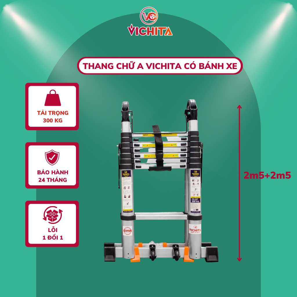 Thang Nhôm Rút Chữ A 5M (2.5M+2.5M) VICHITA Có Bánh Xe, Có Thanh Giằng Chống Rung Lắc