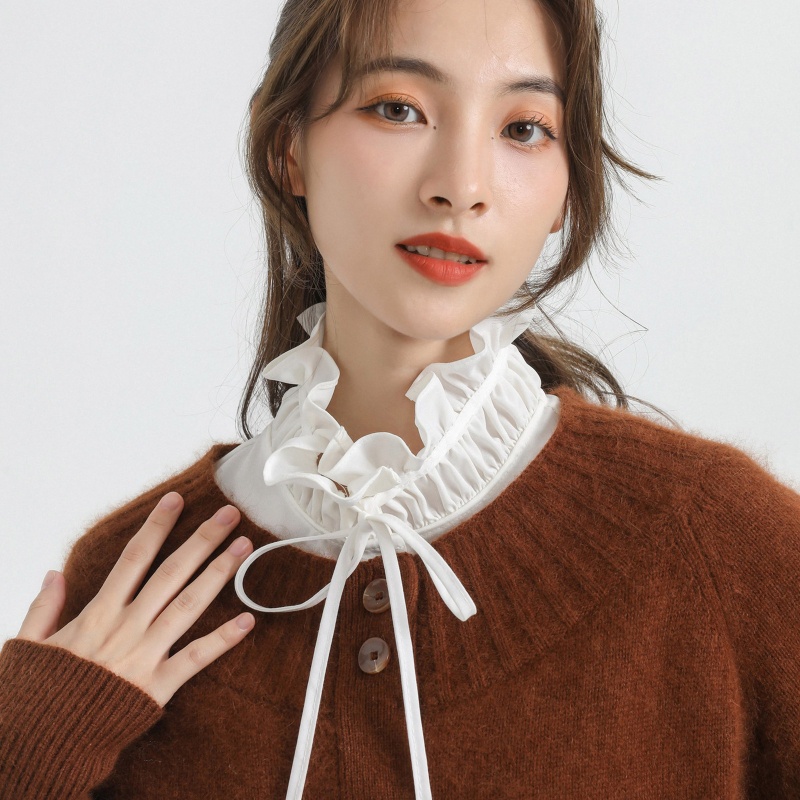 Áo Kiểu Cổ Đứng Phối Bèo Nhún Cột Dây Giả Phối Nút Có Thể Tháo Rời Phong Cách Preppy Thanh Lịch Cho Nữ