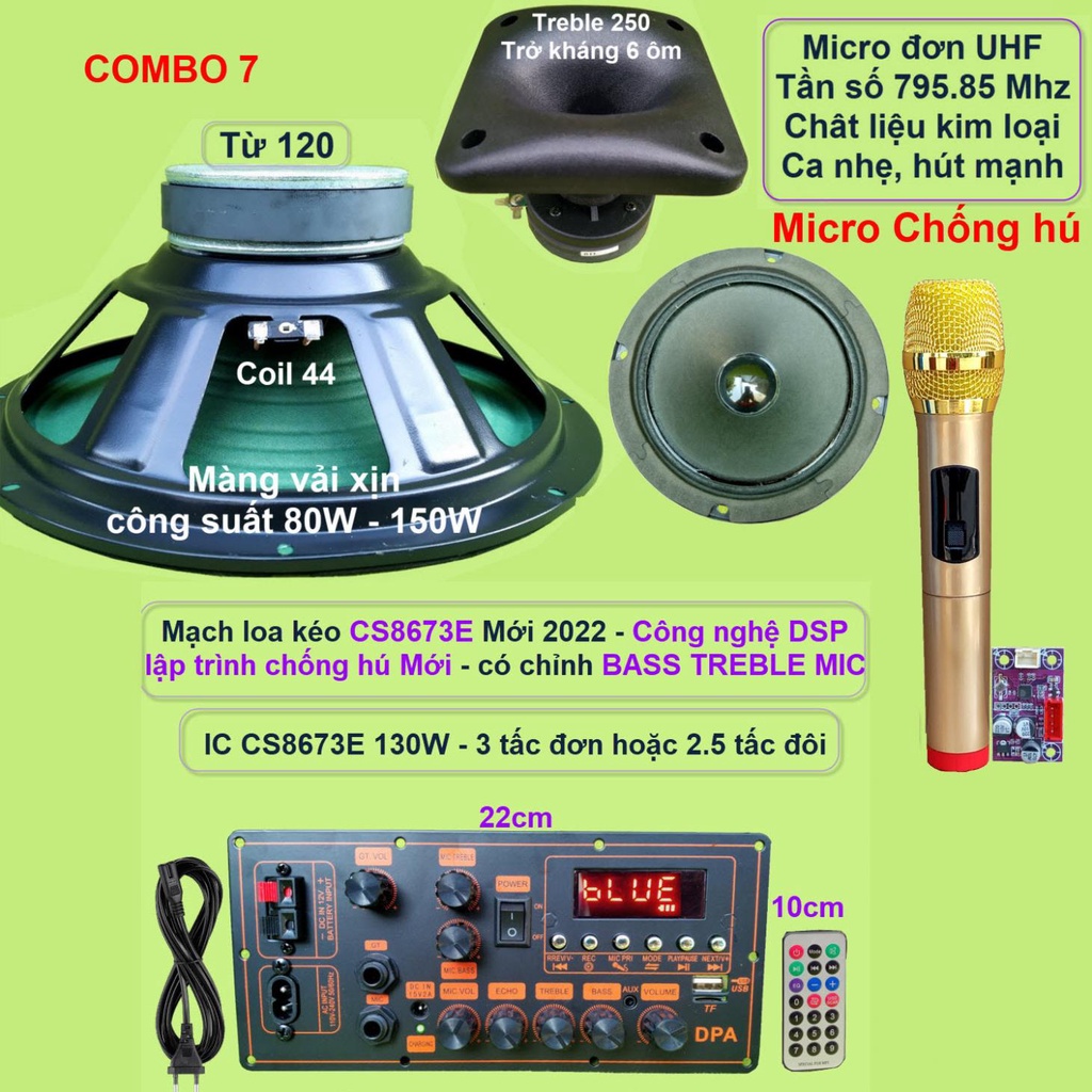 Mạch loa kéo 3 tấc đơn CS8673E 130W DSP lập trình chống hú có chỉnh Bass Treble Micro, nguồn xung 220V