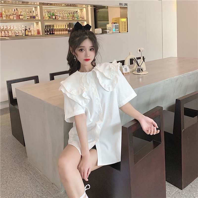 Áo sơ mi babydoll tay ngắn dáng rộng màu trắng trơn phong cách Hàn Quốc thời trang