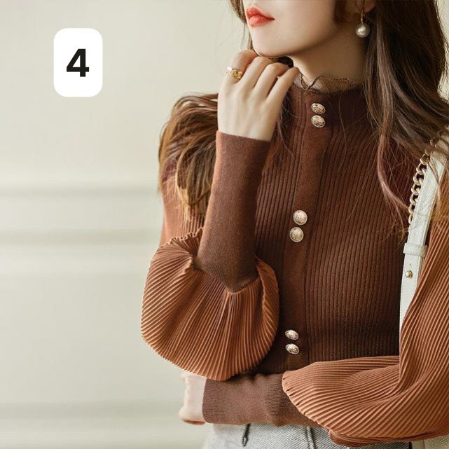 Áo Len Tăm Nâu Cam Cổ 3P Bồng Vai Tay Bo Cúc Mạ Cách Điệu
