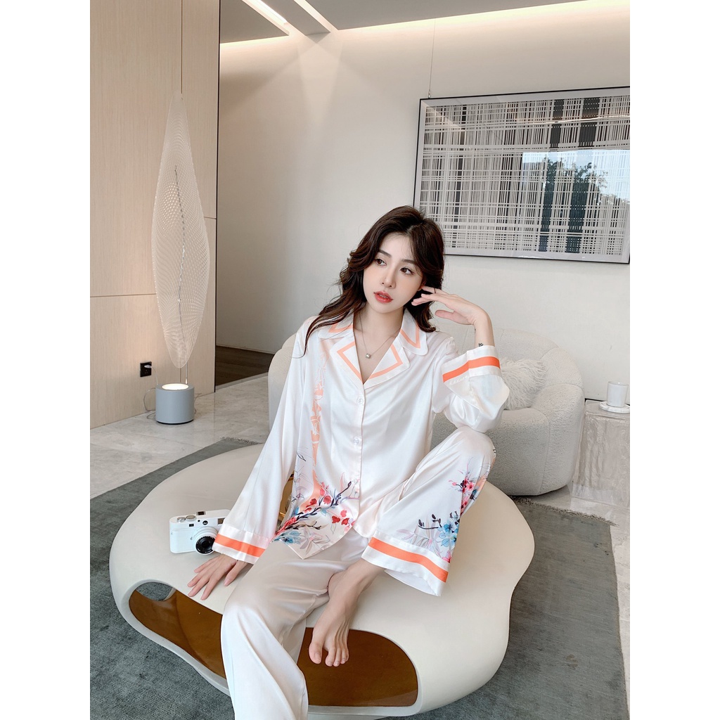 Đồ bộ ngủ Pyjama lụa tơ tay dài quần dài flower branches