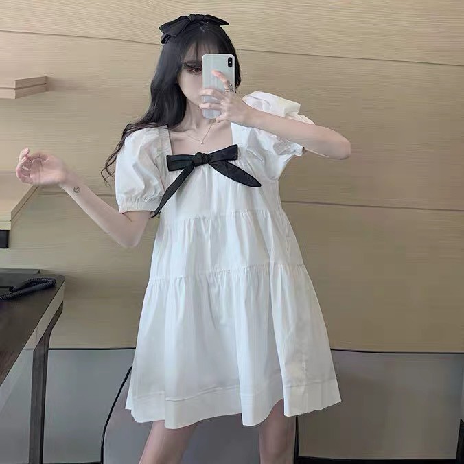 Váy trắng trễ vai babydoll thắt nơ đen mặc được 2 kiểu (ảnh thật cuối)