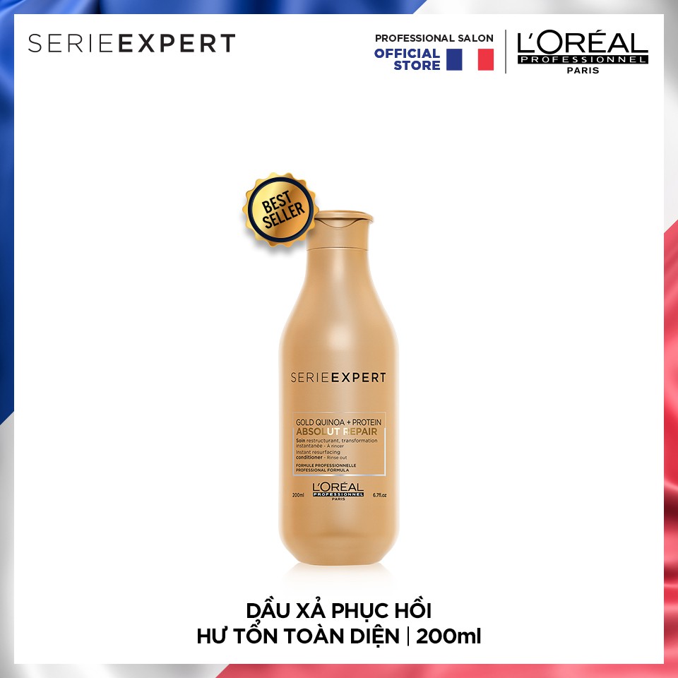 Dầu gội, dầu xả và hấp dầu phục hồi tóc khô xơ, hư tổn Loreal Gold Quinoa + Protein Absolut Repair