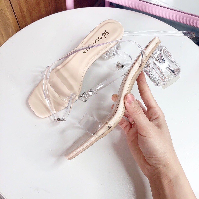 Sandal cao gót sandal bít mũi khuy khóa gót vuông 7cm