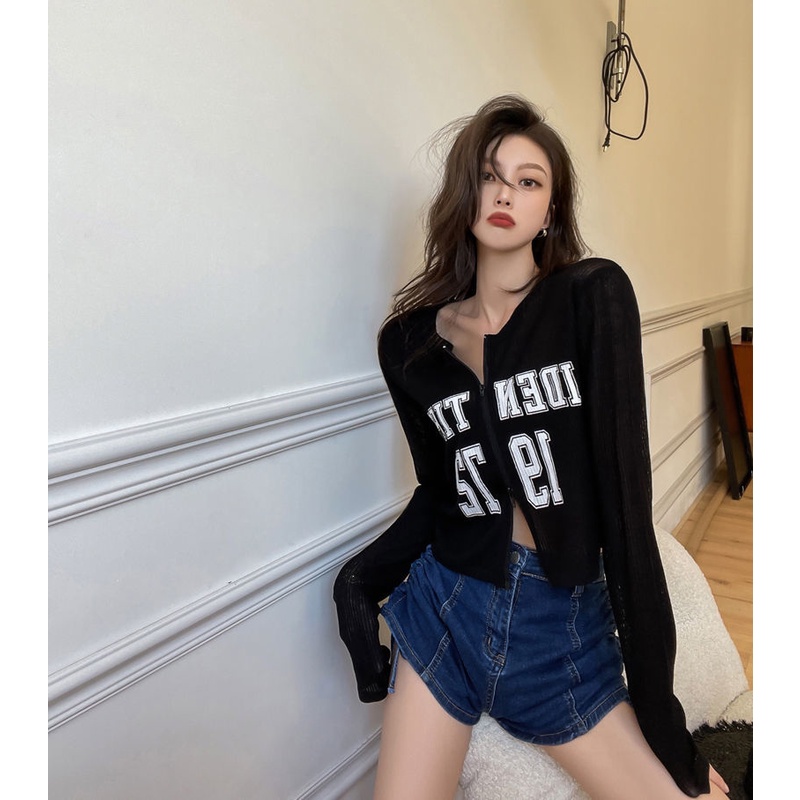 Áo Khoác Cardigan Dệt Kim Tay Dài Dáng Rộng In Chữ Chống Nắng Thời Trang Cho Nữ