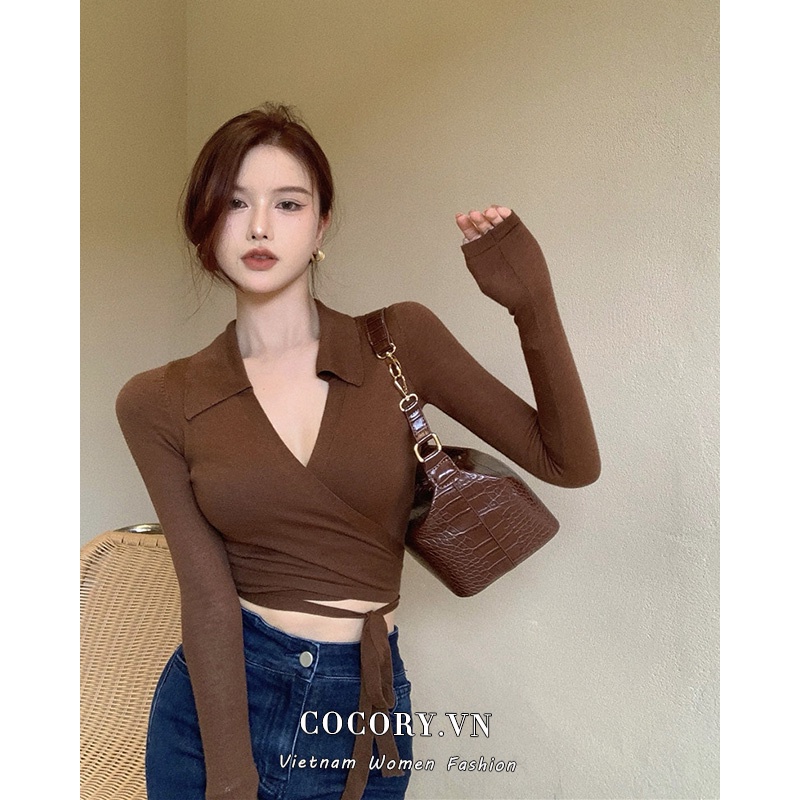 Cocory vn Set Áo Len Tay Dài Cổ Chữ V + Chân Váy Lưng Cao 4 Màu Thời Trang Retro Cho Nữ