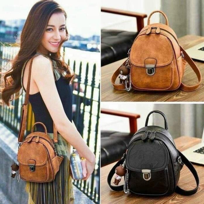 (giá sỉ) BALO DA PU NẮP KHÓA CÁ TÍNH, KEM GẤU NÂU BROWN SIÊU XINH