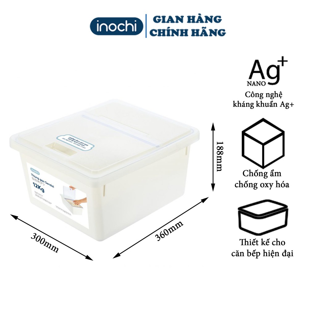 Thùng Đựng Gạo -Cao Cấp Sendai 12 KG Nắp Nhựa Kín Kháng Khuẩn Chống Ẩm Thông Minh Đạt Tiêu Chuẩn Nhật Bản THGN12