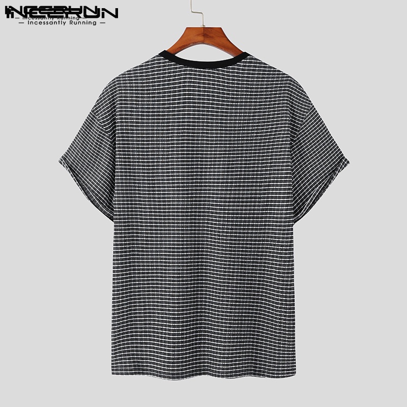 Áo thun INCERUN tay ngắn cổ tròn kẻ sọc caro dáng rộng đơn giản
