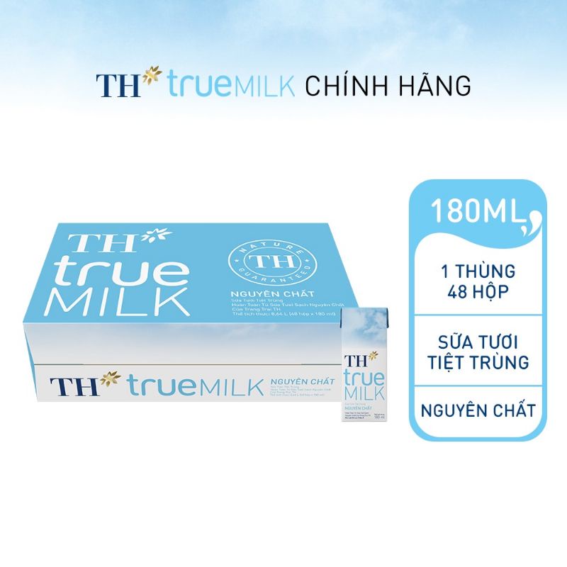 Thùng sữa tươi tiệt trùng TH True Milk Nguyên chất hộp 180ml (48 hộp) "GIÁ BÁN ĐÃ TRỪ KHUYẾN MÃI"