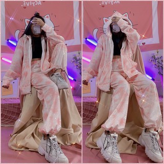 Set thể thao ulzzang loang màu - set hoodie zip + quần loang màu