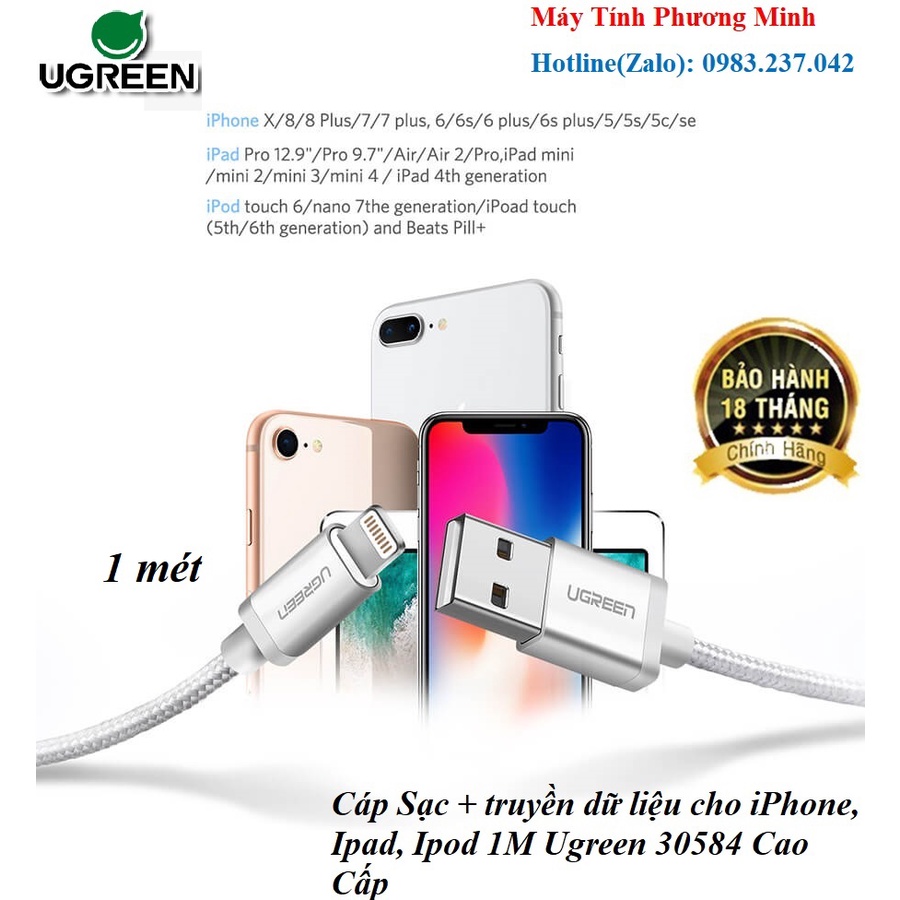 Cáp Sạc iPhone và truyền dữ liệu cho Iphone, Ipad, Ipod 1M Ugreen 30584 Cao Cấp, Vỏ Dù Siêu Bền- Hàng chính hãng