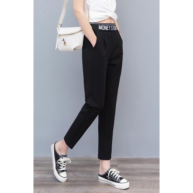 Quần Harem Ống Rộng Lưng Thun Màu Đen In Chữ Đơn Giản Thời Trang Cho Nữ 40-77KG C8432