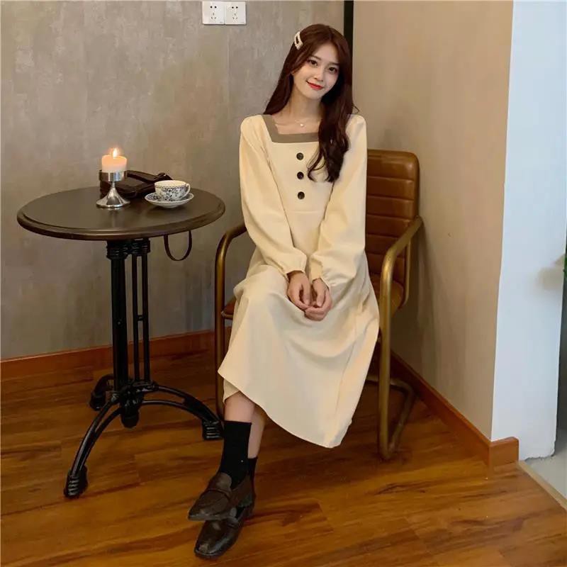 ⭐0412⭐ Korean style square neck long sleeve midi dress
