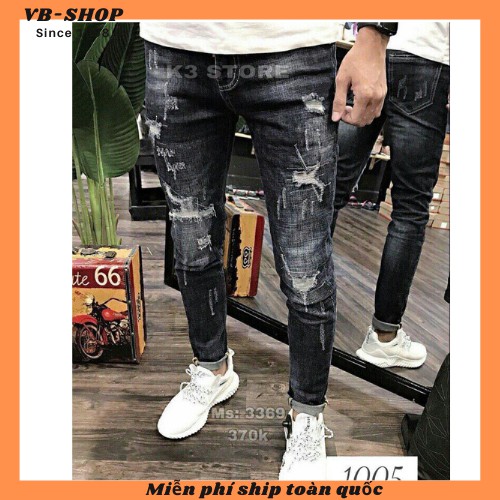 Quần Jean Nam  𝐅𝐑𝐄𝐄 𝐒𝐇𝐈𝐏  Màu Đen Wash Trắng,Rách Nhẹ, Chât Bò Co Dãn Bốn Chiều 1005