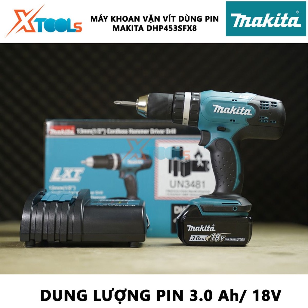 Máy khoan vặn vít Makita DHP453SFX8 | Máy khoan búa chạy pin Lực vặn tối đa: Cứng/mềm 42/27 N.m dùng trong các công việc