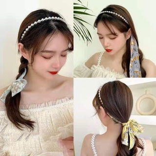 Bờm cài tóc chuỗi ngọc dây hoa thắt nơ, băng đô trang trí tóc thắt nơ phối ngọc