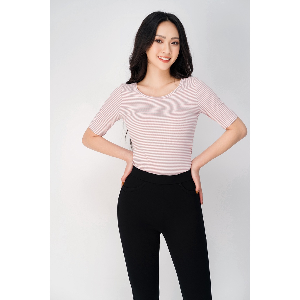 Áo Thun Tay Lỡ Luperi Chất Liệu Co giãn cổ U họa tiết kẻ ngang nhỏ người cho nàng công sở đi làm đi chơi LUAT90