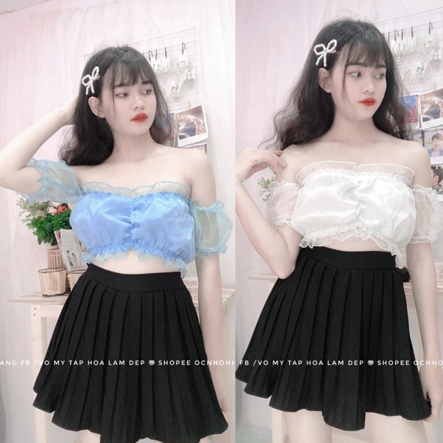 Set áo bẹt vai voan nhún phối chân váy xếp ly