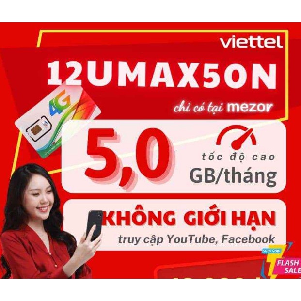 Sim Viettel 4G 1 Năm sử dụng Umax50n Sim Data Không giới hạn dung lượng - Max băng thông Dùng Miễn Phí 1 Năm
