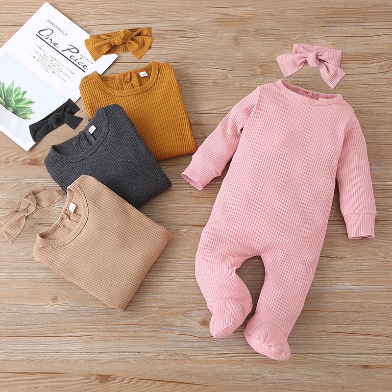 Body Tay Dài Cho Bé Trai Bé Gái Sơ Sinh 0-9 Tháng,Bodysuit Liền Thân Kèm Băng Đô Cài Tóc Màu Trơn Dễ Thương