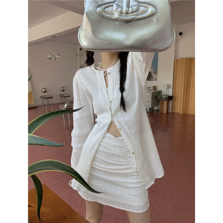 Cocory vn Set Áo Sơ Mi Tay Dài/Chân Váy Ngắn Lưng Cao Phối Ren Thời Trang Cho Nữ